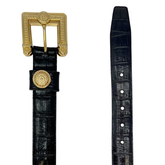 Vintage Brighton Belt Size XS/S Black Crock Embossed Leather Chunky Gold Buckle main image 4